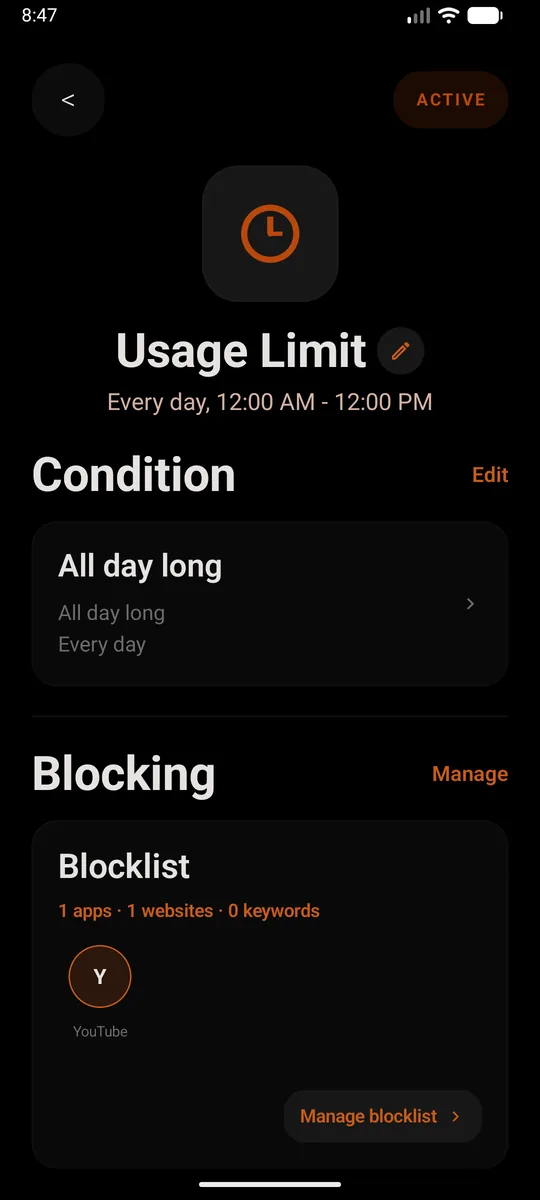 A Sunnah Lock block with YouTube on its blocklist, active every day
