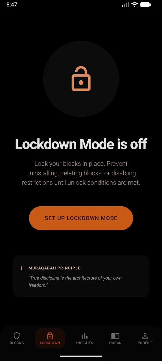 Sunnah Lock's Lockdown Mode screen, which prevents uninstalling, deleting blocks or disabling restrictions