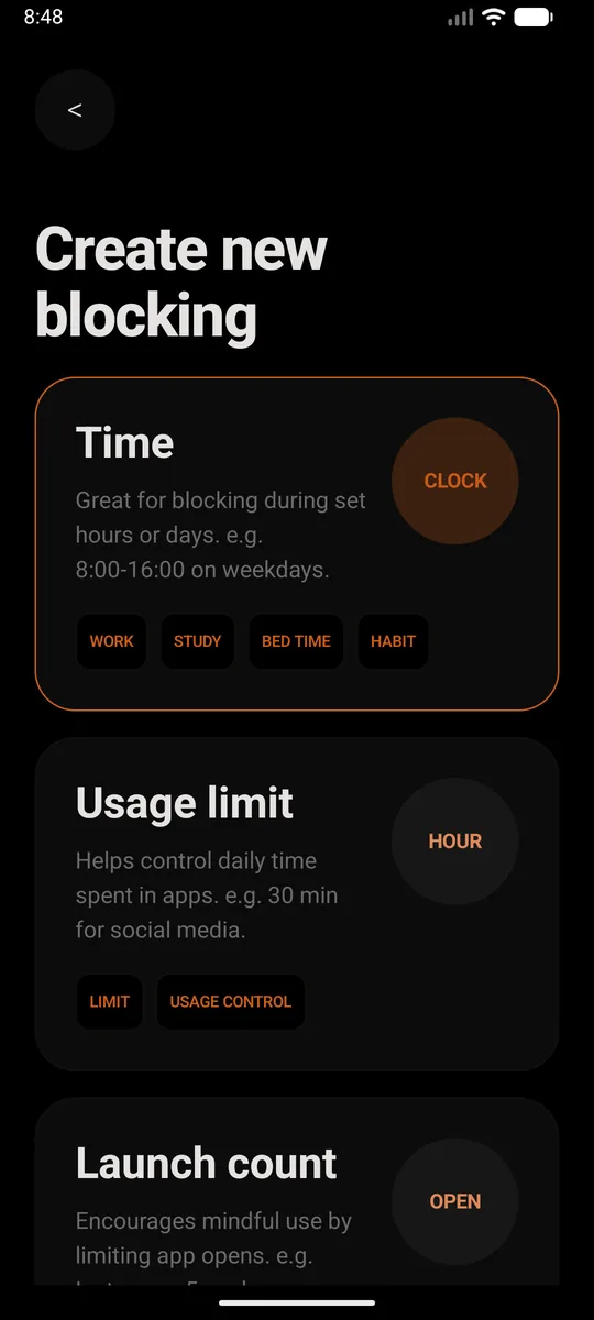 Sunnah Lock's Create new blocking screen, with Time, Usage limit and Launch count options