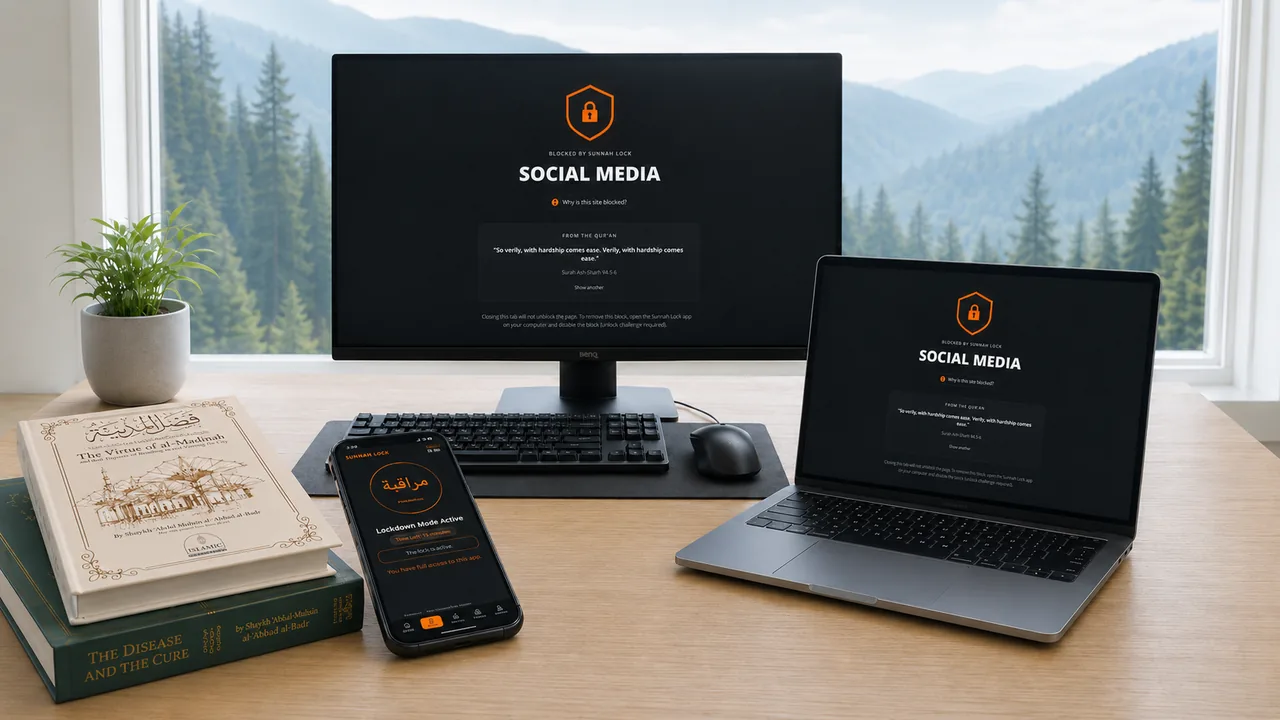 Phone, laptop, and desktop monitor on one desk, every screen blocked by Sunnah Lock