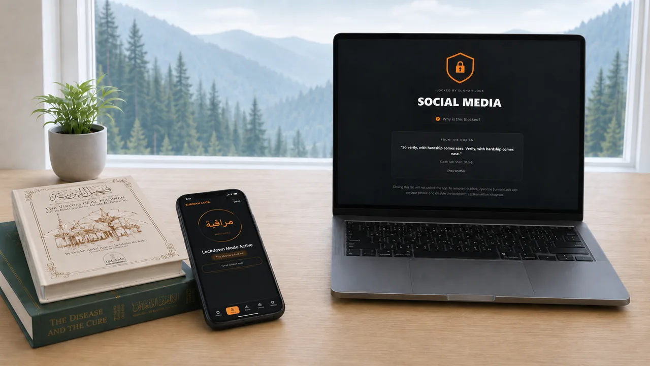 A phone and a laptop on the same desk, both showing Sunnah Lock block screens