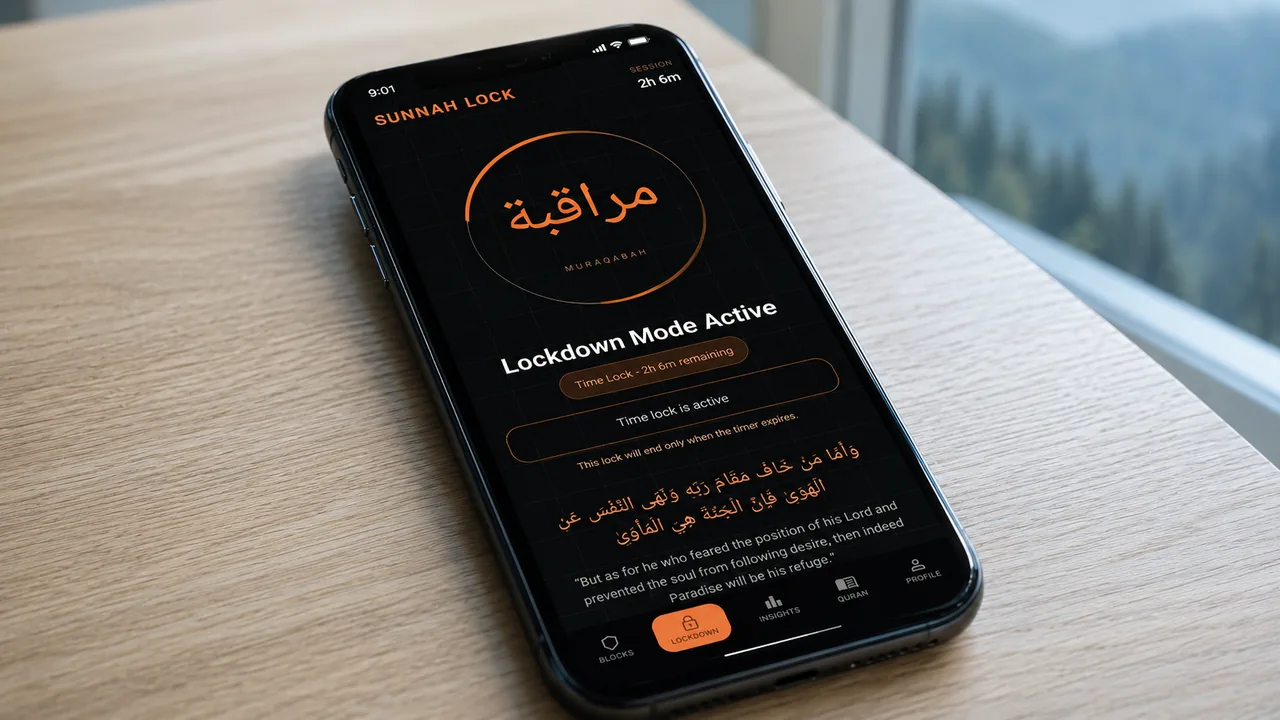 Sunnah Lock's lockdown screen on a phone, lying on a light desk by a window over misty pine mountains
